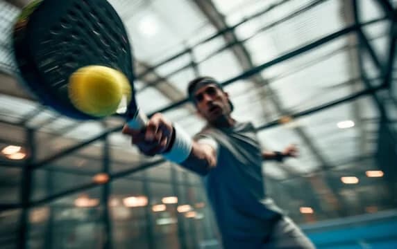 Motion-blurred forehand inside a glass-walled padel court