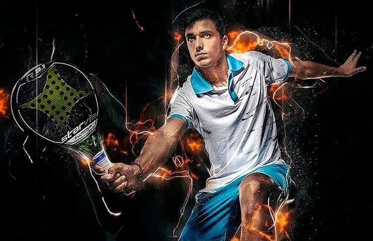 Padel player driving a forehand under stage lighting