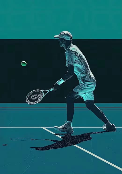 Teal duotone illustration of a player reaching for a low ball