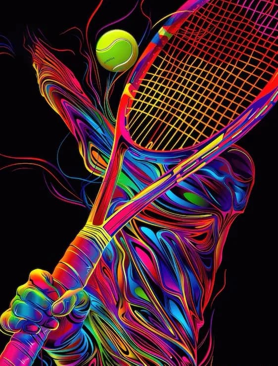 Neon line drawing of a hand serving with a tennis racket