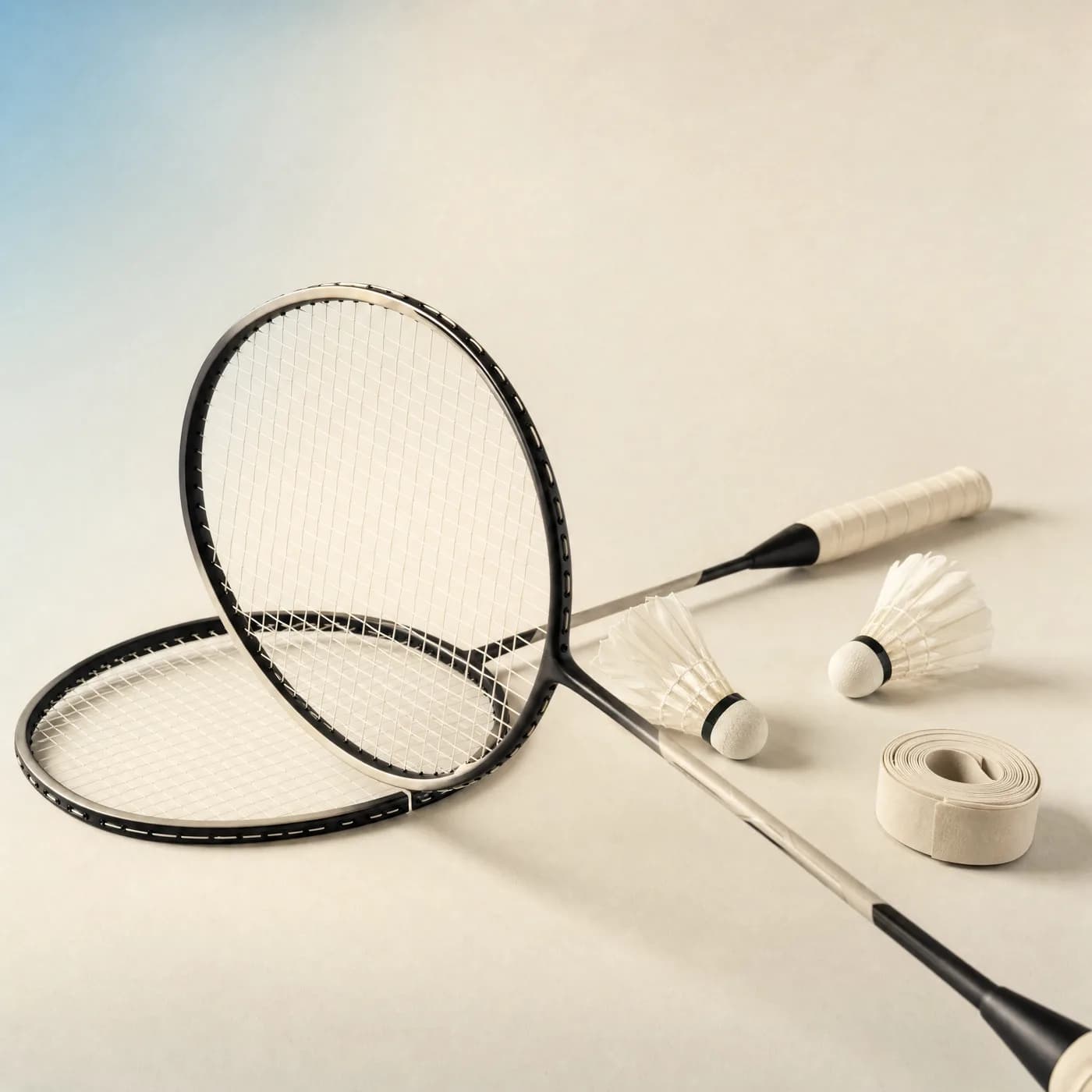 Badminton rackets and feather shuttles
