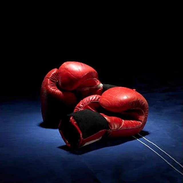 Red leather boxing gloves on a dark blue canvas